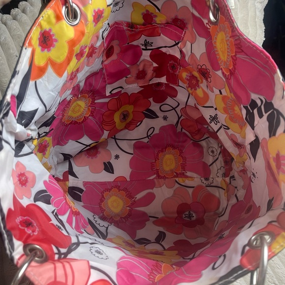 Lancome Black Tote with White Trim and Floral Lining - Picture 6 of 10